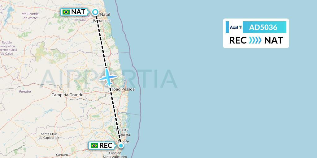 AD5036 Azul Brazilian Airlines Flight Map: Recife to Natal