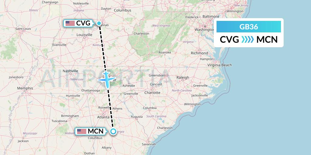 GB36 ABX Air Flight Map: Cincinnati to Macon
