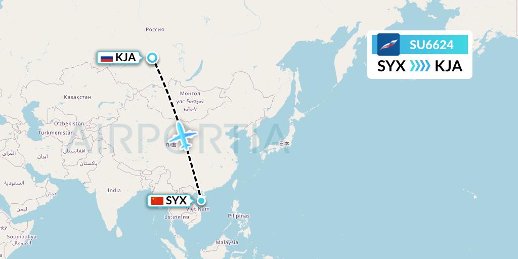 SU6624 Aeroflot Flight Map: Sanya to Krasnoyarsk