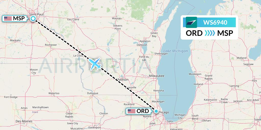 WS6940 WestJet Flight Map: Chicago to Minneapolis