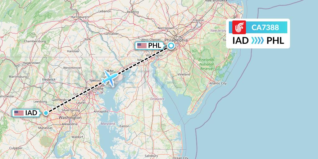 CA7388 Air China Flight Map: Washington to Philadelphia