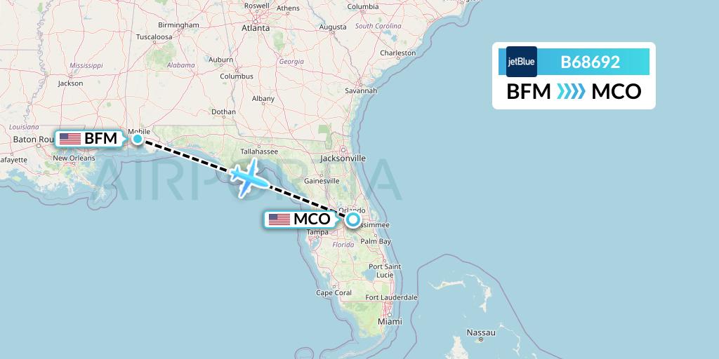 B68692 JetBlue Airways Flight Map: Mobile to Orlando