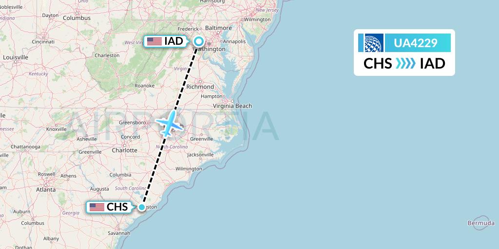 UA4229 United Airlines Flight Map: Charleston to Washington
