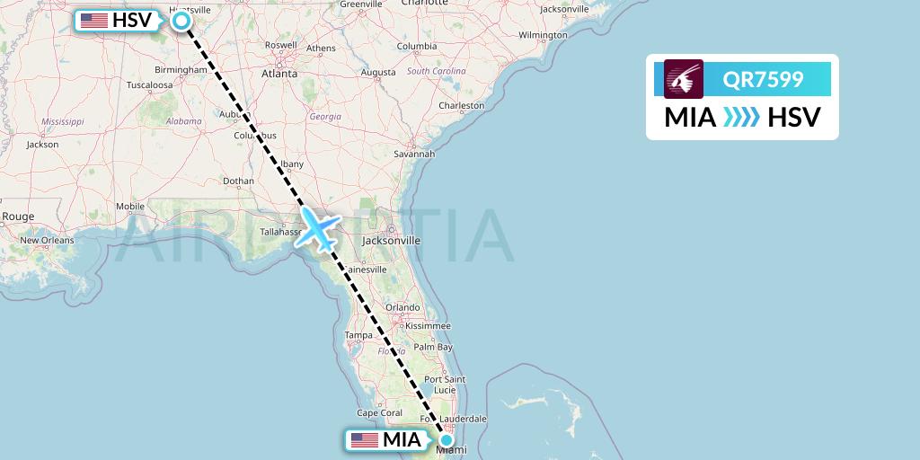 QR7599 Flight Status Qatar Airways Miami to Huntsville (QTR7599)