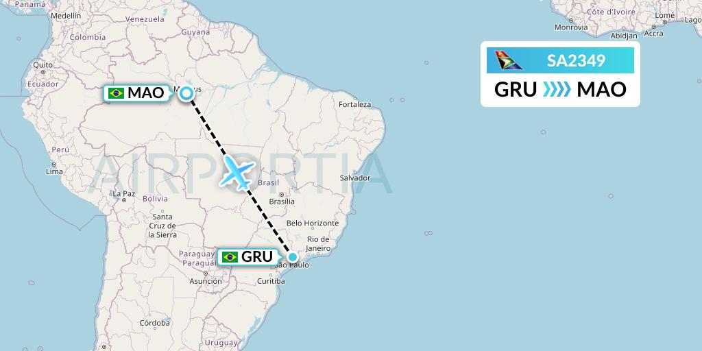 SA2349 South African Airways Flight Map: Sao Paulo to Manaus