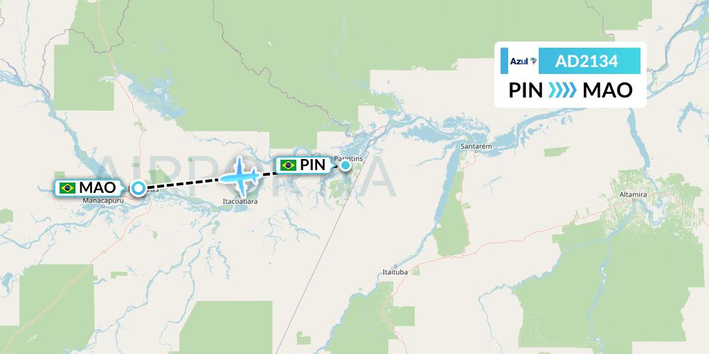 AD2134 Azul Brazilian Airlines Flight Map: Parintins to Manaus