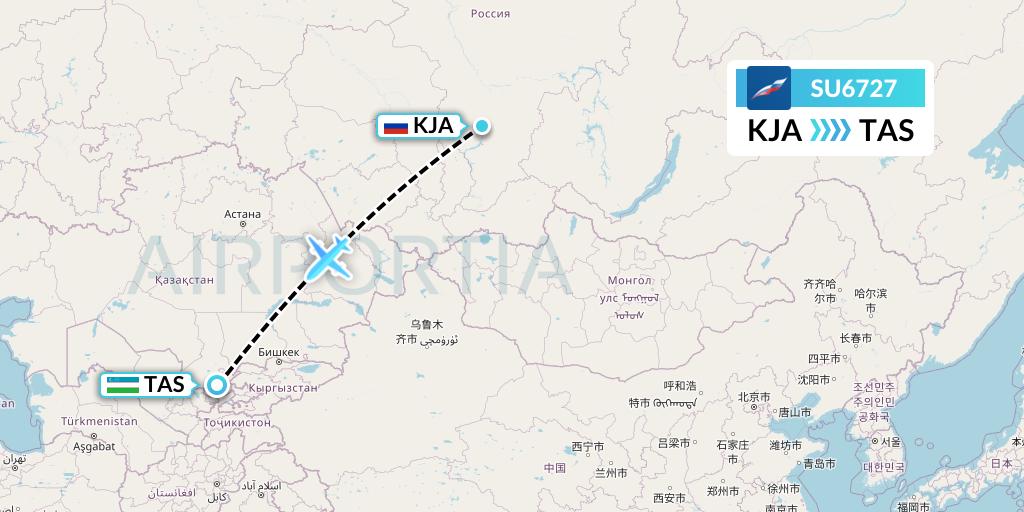 SU6727 Aeroflot Flight Map: Krasnoyarsk to Tashkent