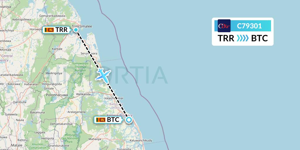 C79301 Cinnamon Air Flight Map: Trincomalee to Batticaloa