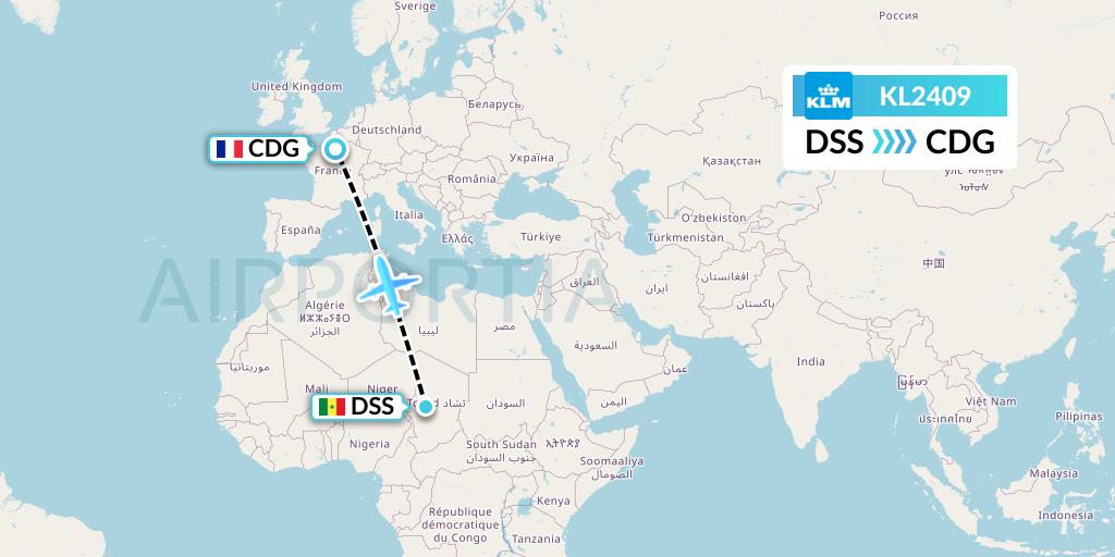 KL2409 KLM Flight Map: Dakar to Paris