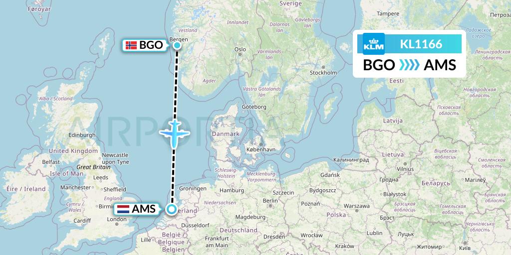 KL1166 KLM Flight Map: Bergen to Amsterdam