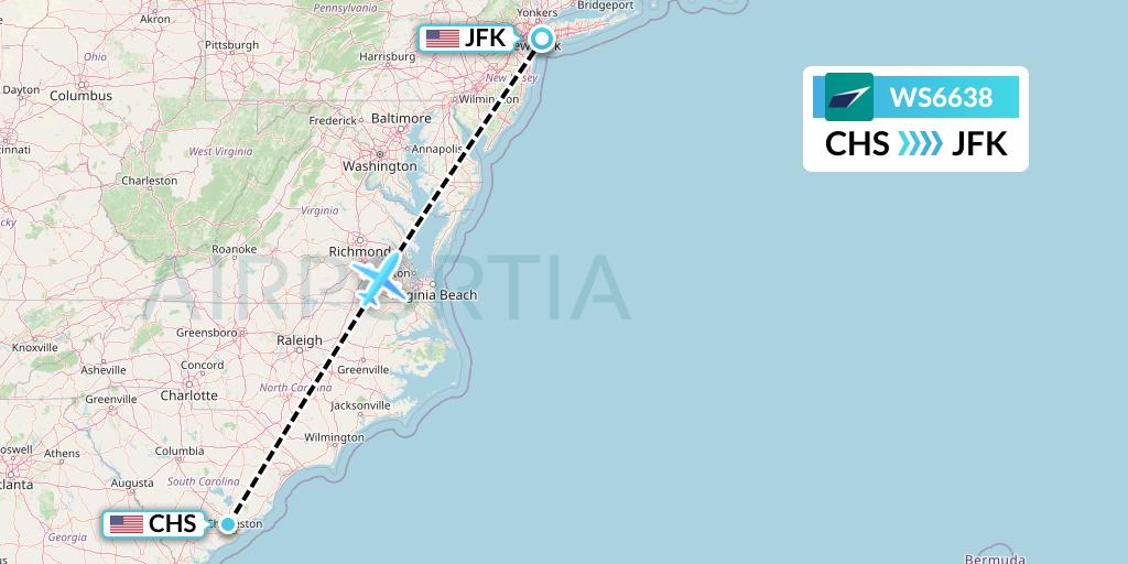 WS6638 WestJet Flight Map: Charleston to New York