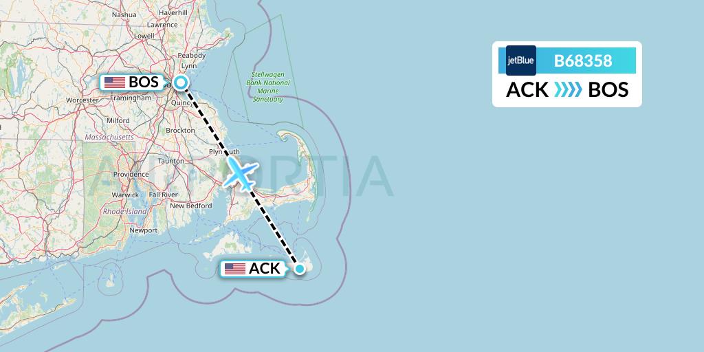 B68358 JetBlue Airways Flight Map: Nantucket to Boston