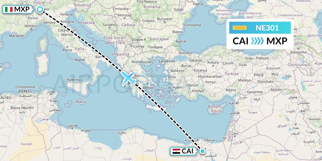 NE301 Nesma Airlines Flight Map: Cairo to Milan
