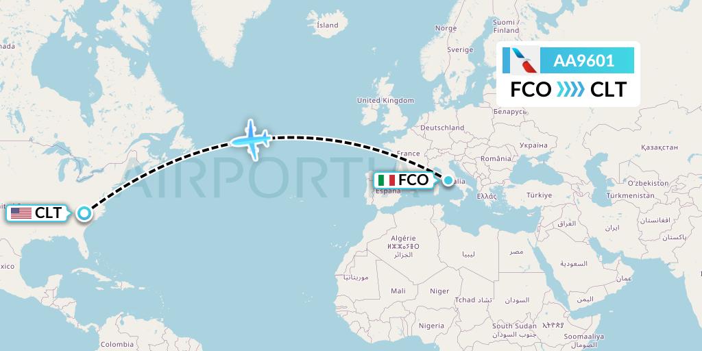 AA9601 American Airlines Flight Map: Rome to Charlotte