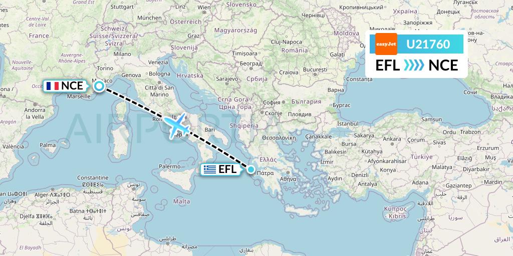 U21760 EasyJet Flight Map: Kefalonia to Nice