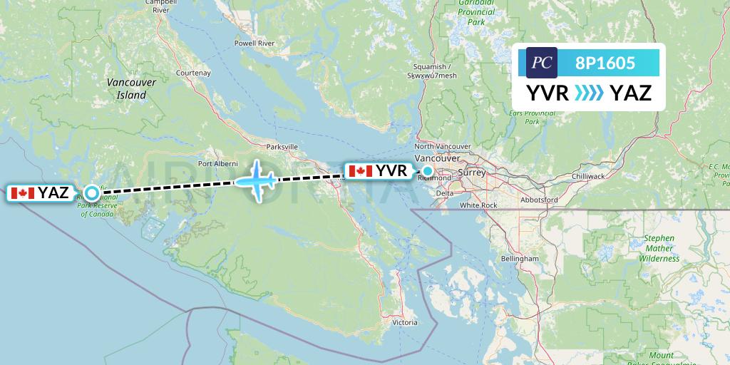 8P1605 Pacific Coastal Airlines Flight Map: Vancouver to Tofino