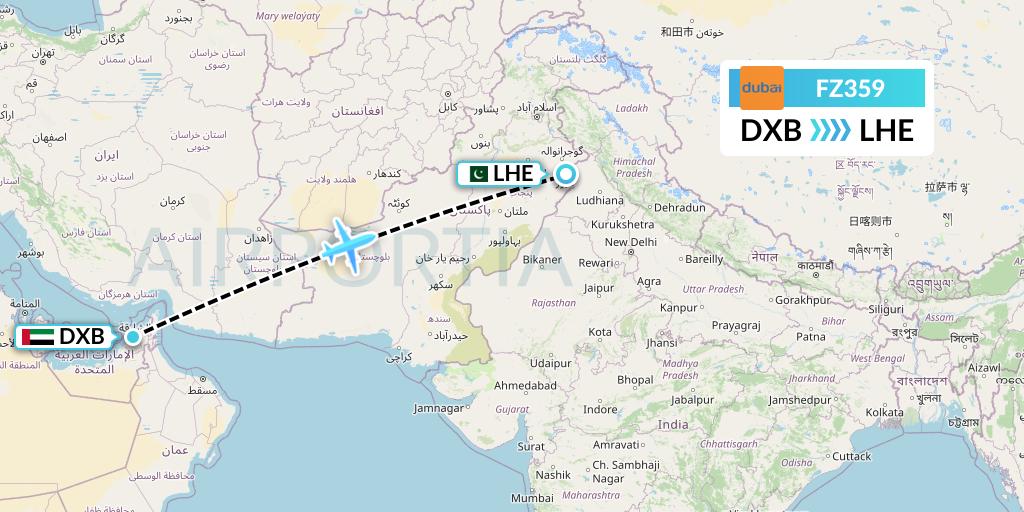 FZ359 FlyDubai Flight Map: Dubai to Lahore