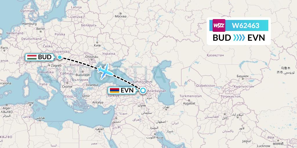 W62463 Wizz Air Flight Map: Budapest to Yerevan