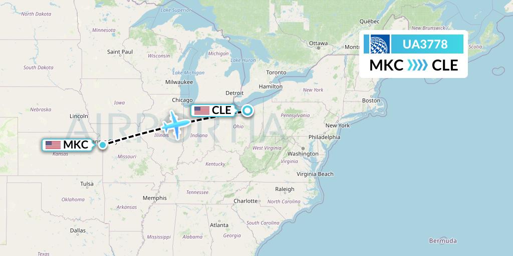 UA3778 United Airlines Flight Map: Kansas City to Cleveland