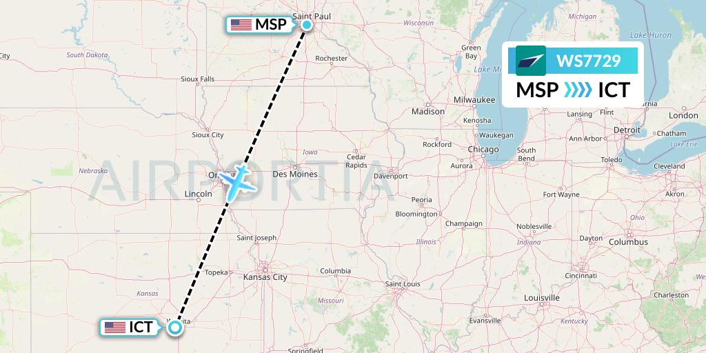 WS7729 WestJet Flight Map: Minneapolis to Wichita