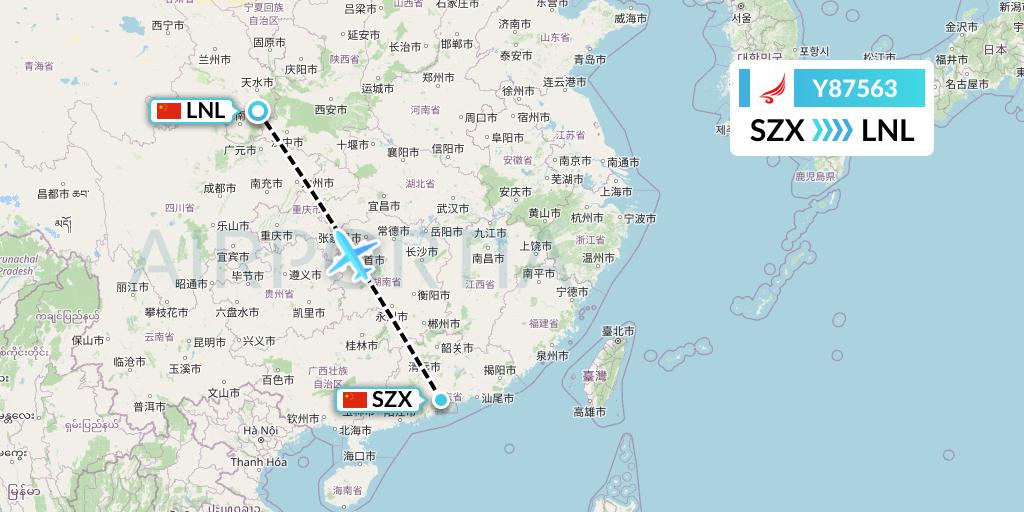 Y87563 Yangtze River Express Flight Map: Shenzhen to Tianshui