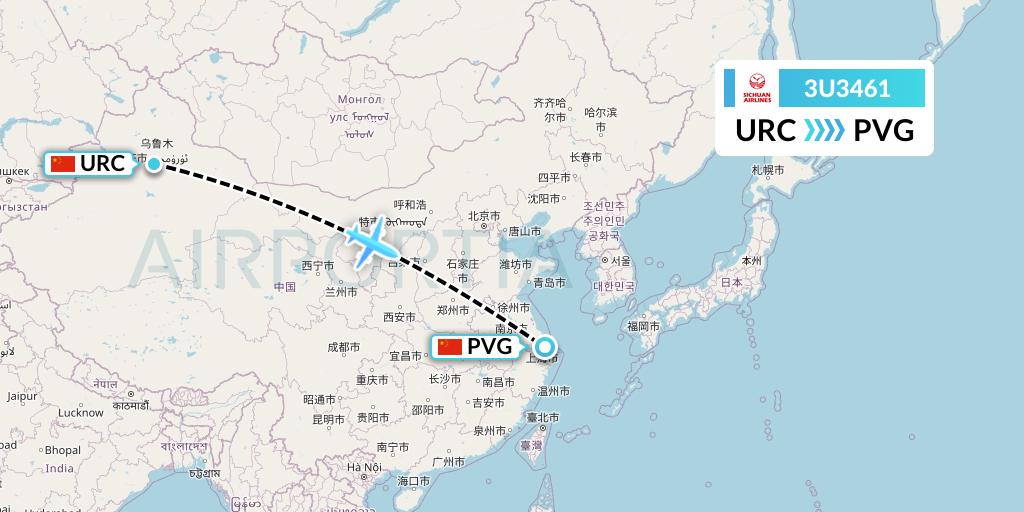 3U3461 Sichuan Airlines Flight Map: Urumqi to Shanghai