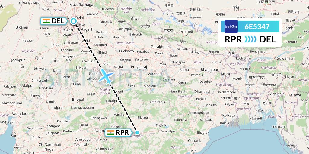 6E5347 IndiGo Airlines Flight Map: Raipur to Delhi