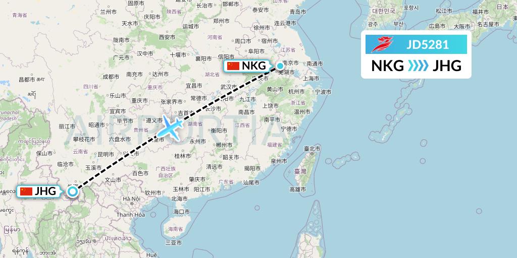 JD5281 Capital Airlines Flight Map: Nanjing to Jinghong