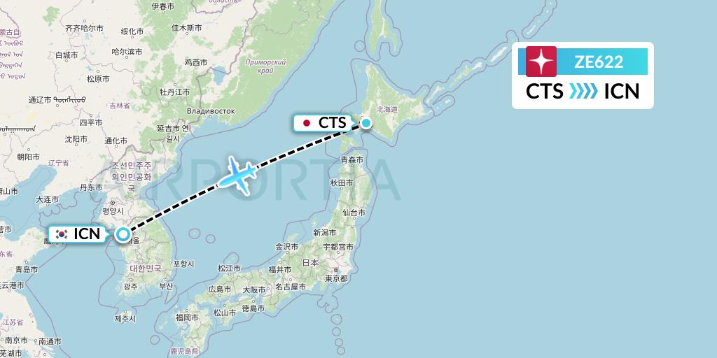 ZE622 Eastar Jet Flight Map: Sapporo to Seoul