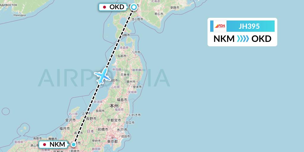 JH395 Fuji Dream Airlines Flight Map: Nagoya to Sapporo