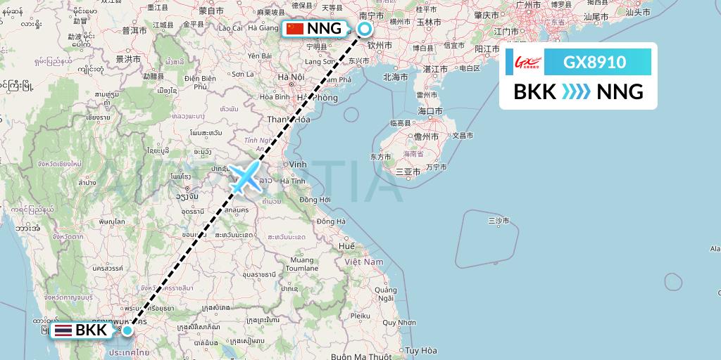 GX8910 GX Airlines Flight Map: Bangkok to Nanning