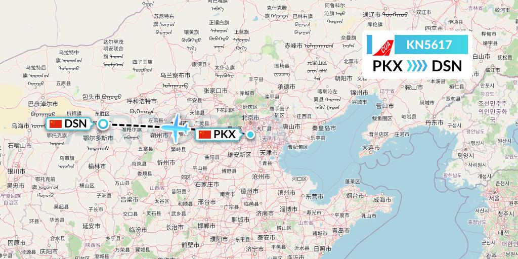 KN5617 China United Airlines Flight Map: Beijing to Dongsheng