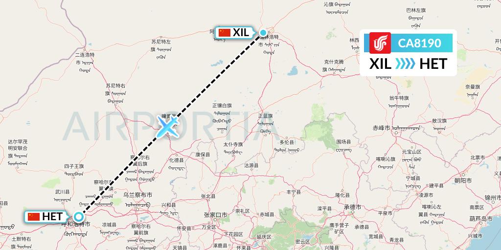 CA8190 Air China Flight Map: Xilinhot to Hohhot