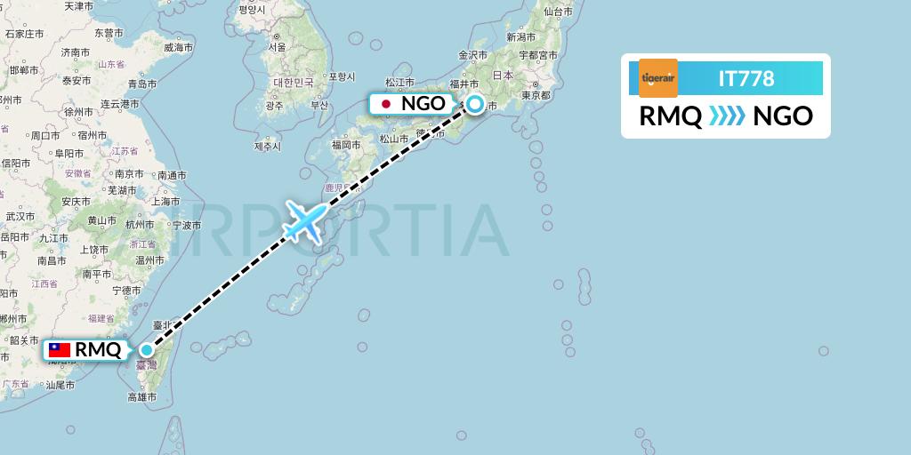 IT778 Tigerair Taiwan Flight Map: Taichung to Nagoya