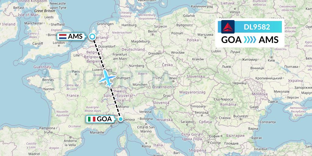 DL9582 Delta Air Lines Flight Map: Genoa to Amsterdam