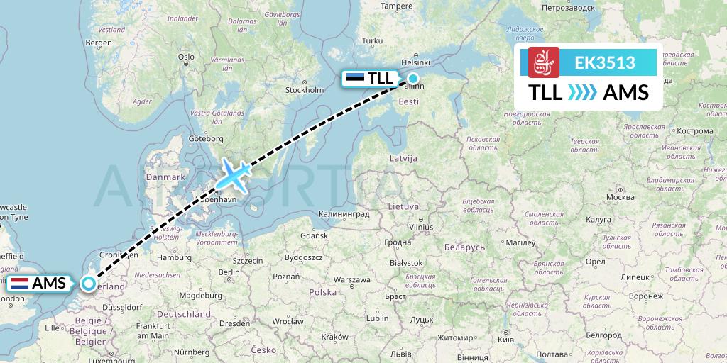 EK3513 Emirates Flight Map: Tallinn to Amsterdam