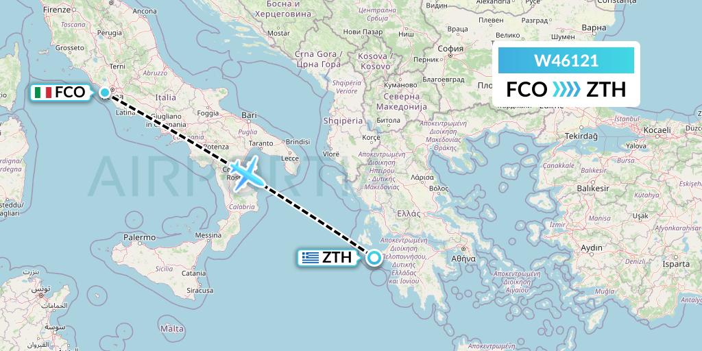 W46121 Wizz Air Malta Flight Map: Rome to Zakynthos