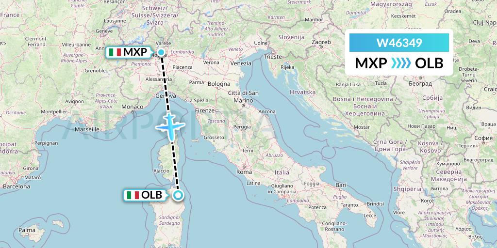 W46349 Wizz Air Malta Flight Map: Milan to Olbia