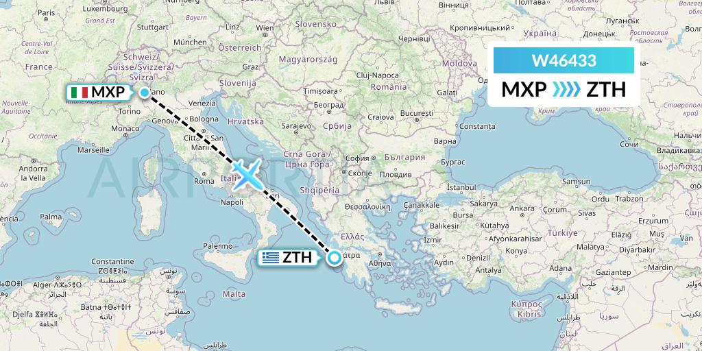 W46433 Wizz Air Malta Flight Map: Milan to Zakynthos