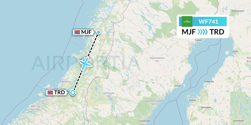 WF741 Wideroe Flight Map: Mosjoen to Trondheim