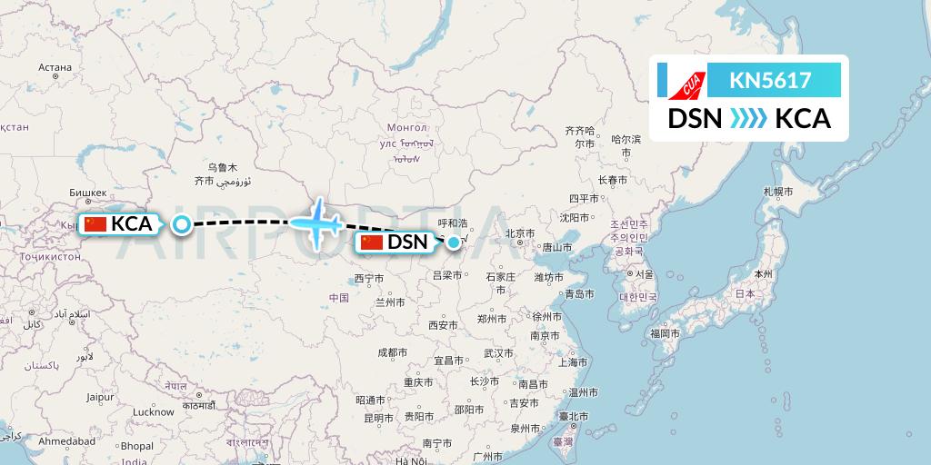 KN5617 China United Airlines Flight Map: Dongsheng to Kuqa