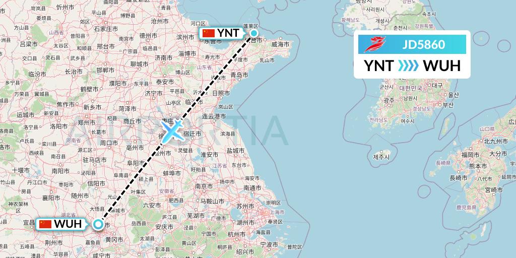 JD5860 Capital Airlines Flight Map: Yantai to Wuhan