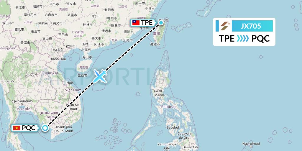JX705 Starlux Airlines Flight Map: Taipei to Phu Quoc