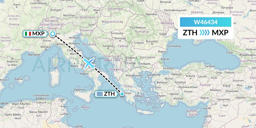 W46434 Wizz Air Malta Flight Map: Zakynthos to Milan