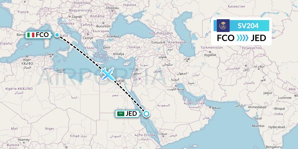 SV204 Saudi Arabian Airlines Flight Map: Rome to Jeddah