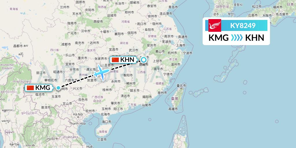 KY8249 Kunming Airlines Flight Map: Kunming to Nanchang