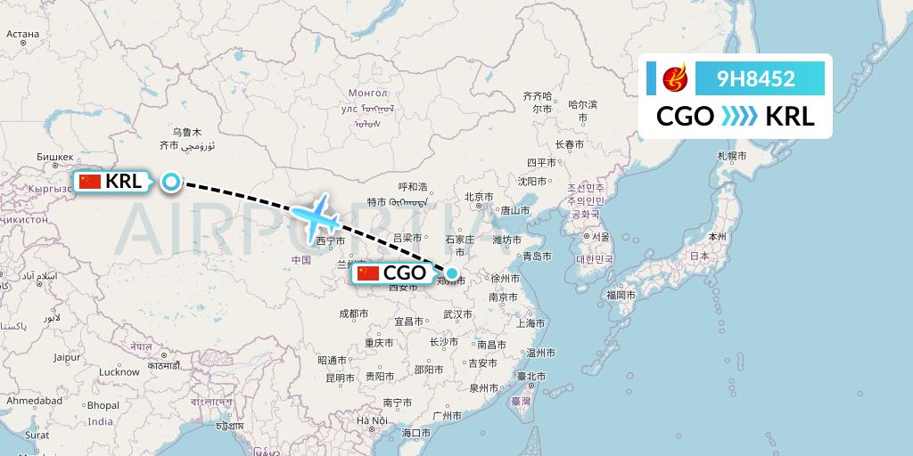 9H8452 Air Changan Flight Map: Zhengzhou to Korla
