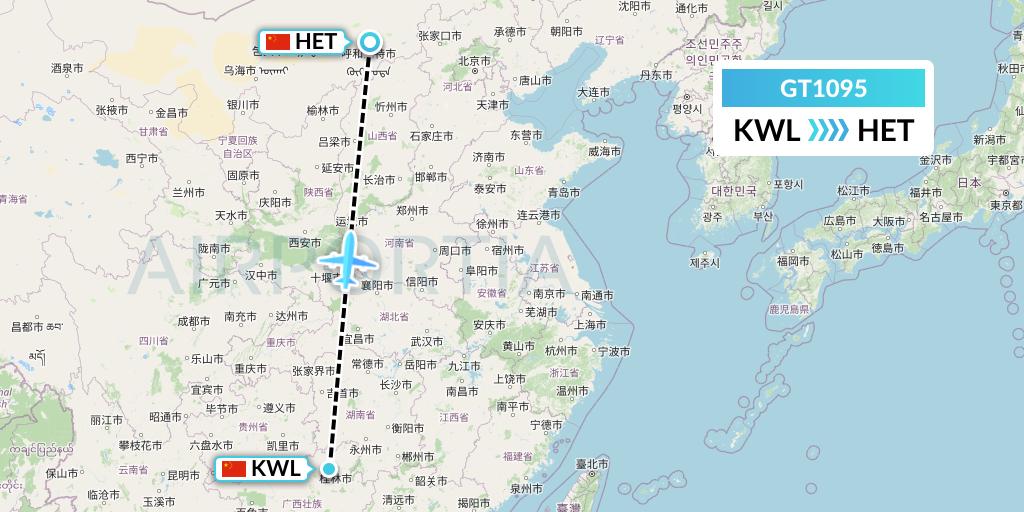 GT1095 Air Guilin Flight Map: Guilin to Hohhot