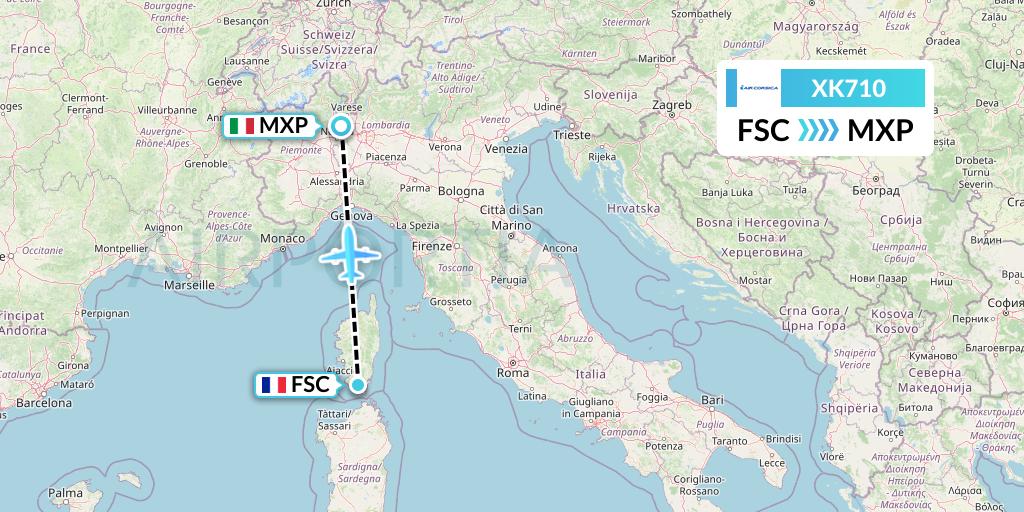 XK710 Air Corsica Flight Map: Figari to Milan