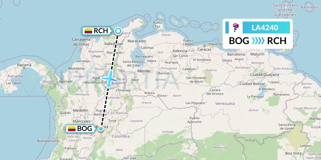 LA4240 LAN Airlines Flight Map: Bogota to Riohacha